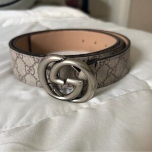 Authentic Gucci Beige Monogram Belt with Silver Buckle